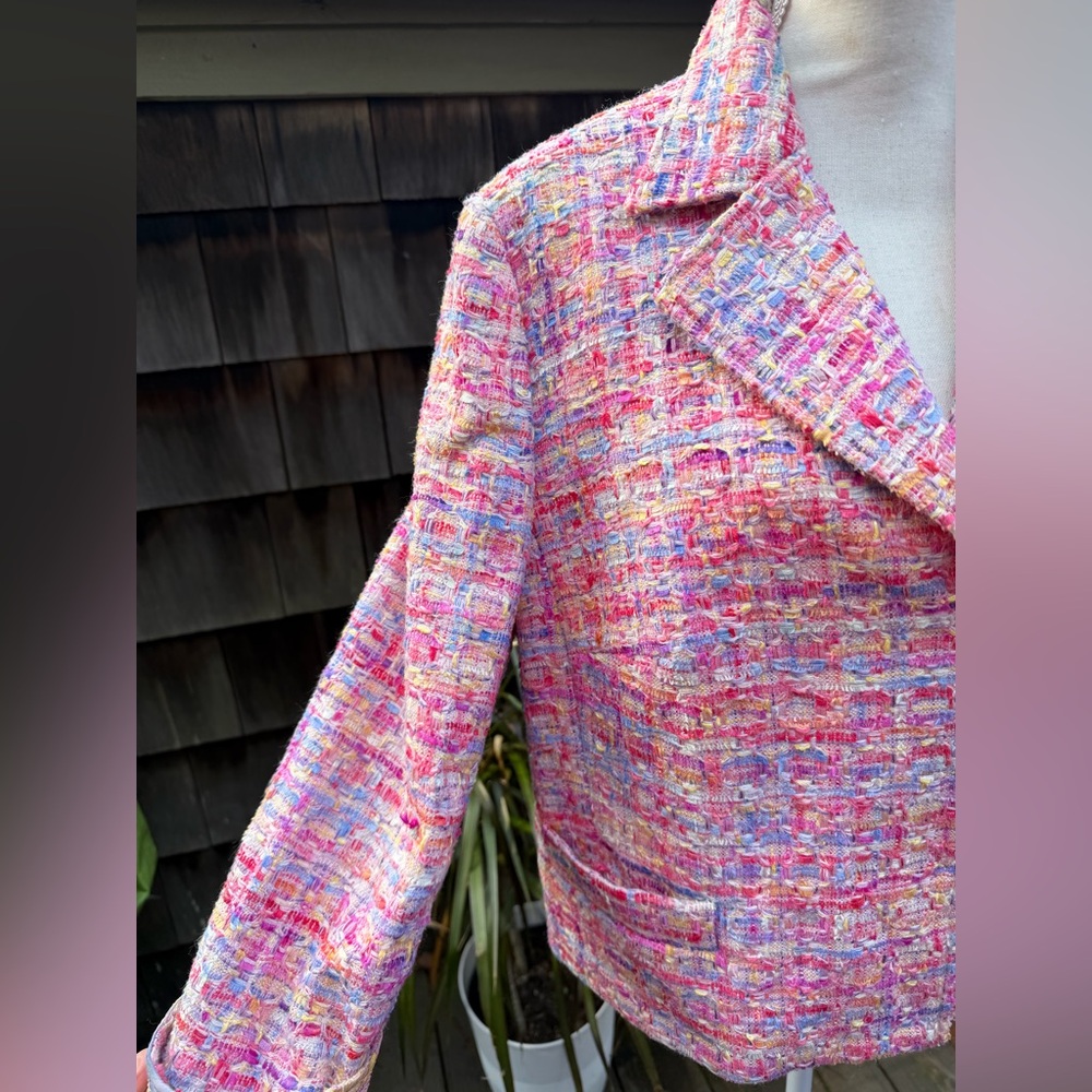 Escada tweed blazer jacket pastels silk floral lining Sz 44 L pinks yellows - Picture 3 of 13